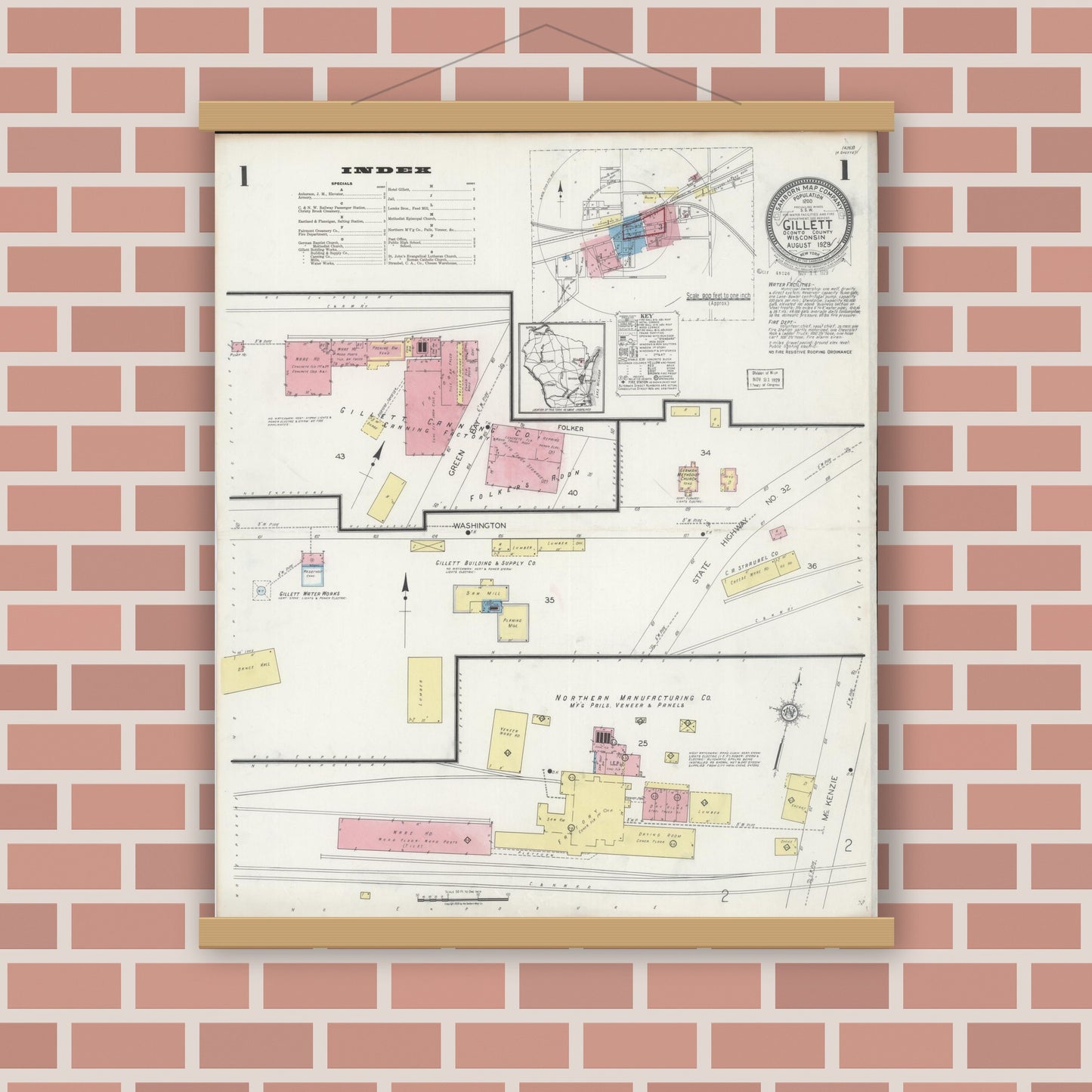 Old map wall art mockup — magnetic wood frame on brick wall — Sanborn Fire Insurance Map from Gillett, Oconto County, Wisconsin (1929), Sheet #0001