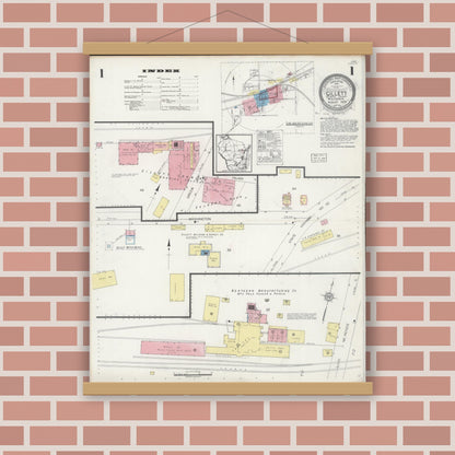 Old map wall art mockup — magnetic wood frame on brick wall — Sanborn Fire Insurance Map from Gillett, Oconto County, Wisconsin (1929), Sheet #0001