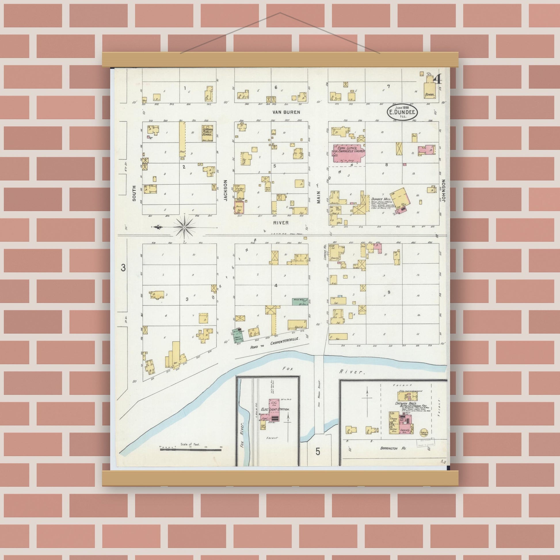 Old map wall art mockup — magnetic wood frame on brick wall — Sanborn Fire Insurance Map from Dundee, Kane County, Illinois (1898), Sheet #0004