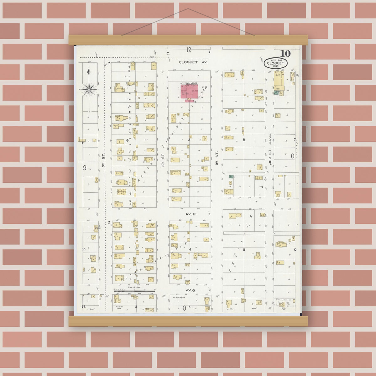 Old map wall art mockup — magnetic wood frame on brick wall — Sanborn Fire Insurance Map from Cloquet, Carlton County, Minnesota (1901), Sheet #0010