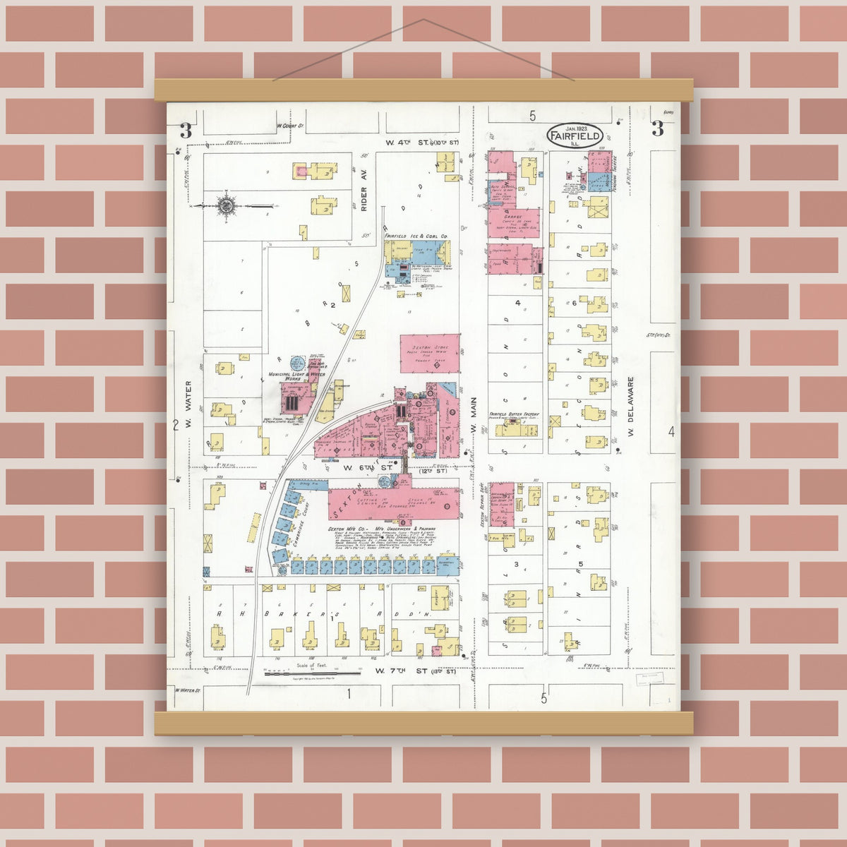 Old map wall art mockup — magnetic wood frame on brick wall — Sanborn Fire Insurance Map from Fairfield, Wayne County, Illinois (1923), Sheet #0003