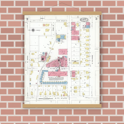 Old map wall art mockup — magnetic wood frame on brick wall — Sanborn Fire Insurance Map from Fairfield, Wayne County, Illinois (1923), Sheet #0003
