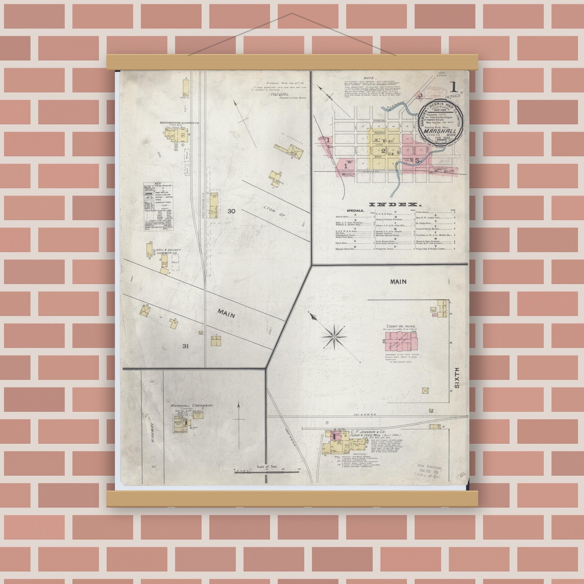 Old map wall art mockup — magnetic wood frame on brick wall — Sanborn Fire Insurance Map from Marshall, Lyon County, Minnesota (1892), Sheet #0001