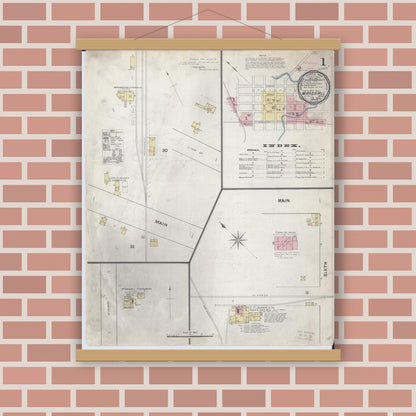 Old map wall art mockup — magnetic wood frame on brick wall — Sanborn Fire Insurance Map from Marshall, Lyon County, Minnesota (1892), Sheet #0001