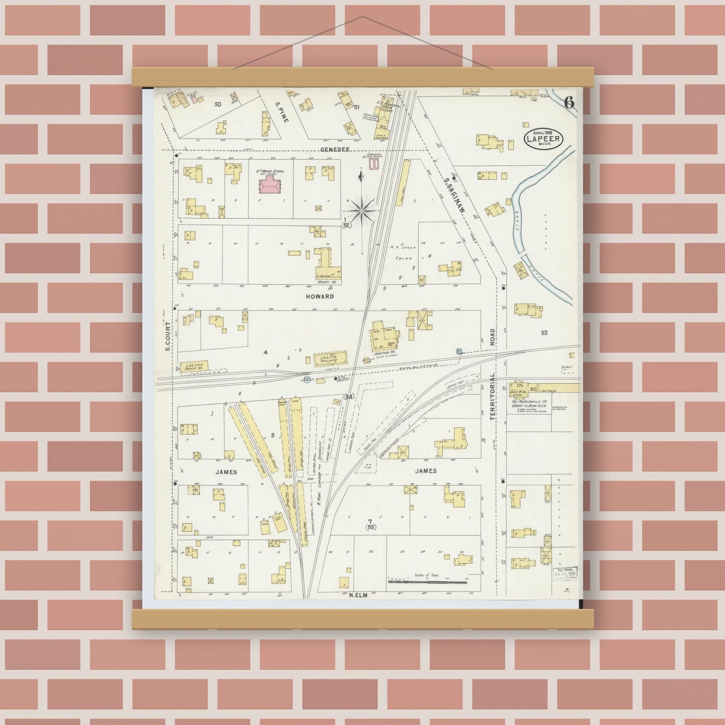 Old map wall art mockup — magnetic wood frame on brick wall — Sanborn Fire Insurance Map from Lapeer, Lapeer County, Michigan (1898), Sheet #0006