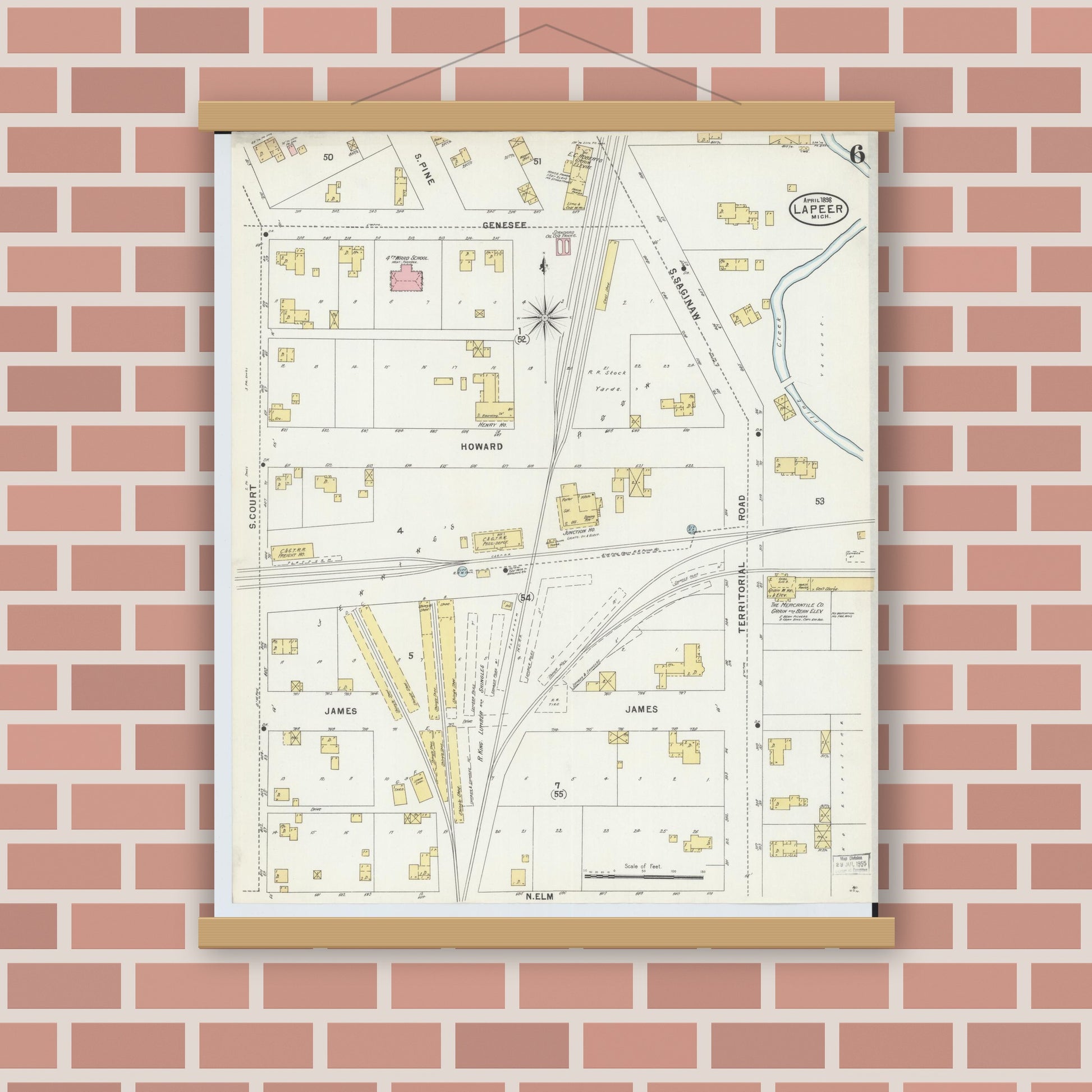 Old map wall art mockup — magnetic wood frame on brick wall — Sanborn Fire Insurance Map from Lapeer, Lapeer County, Michigan (1898), Sheet #0006
