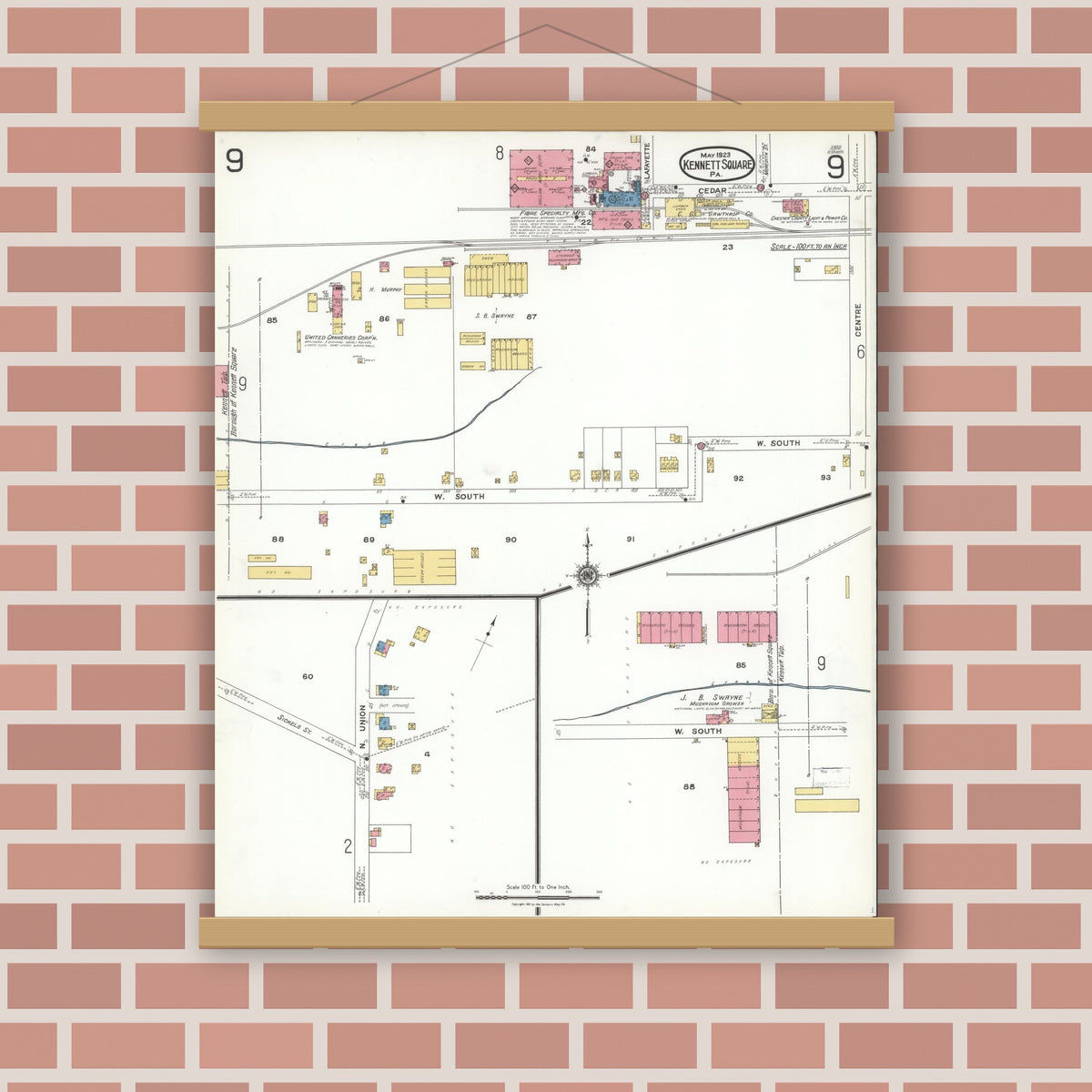 Old map wall art mockup — magnetic wood frame on brick wall — Sanborn Fire Insurance Map from Kennett Square, Chester County, Pennsylvania (1923), Sheet #0009