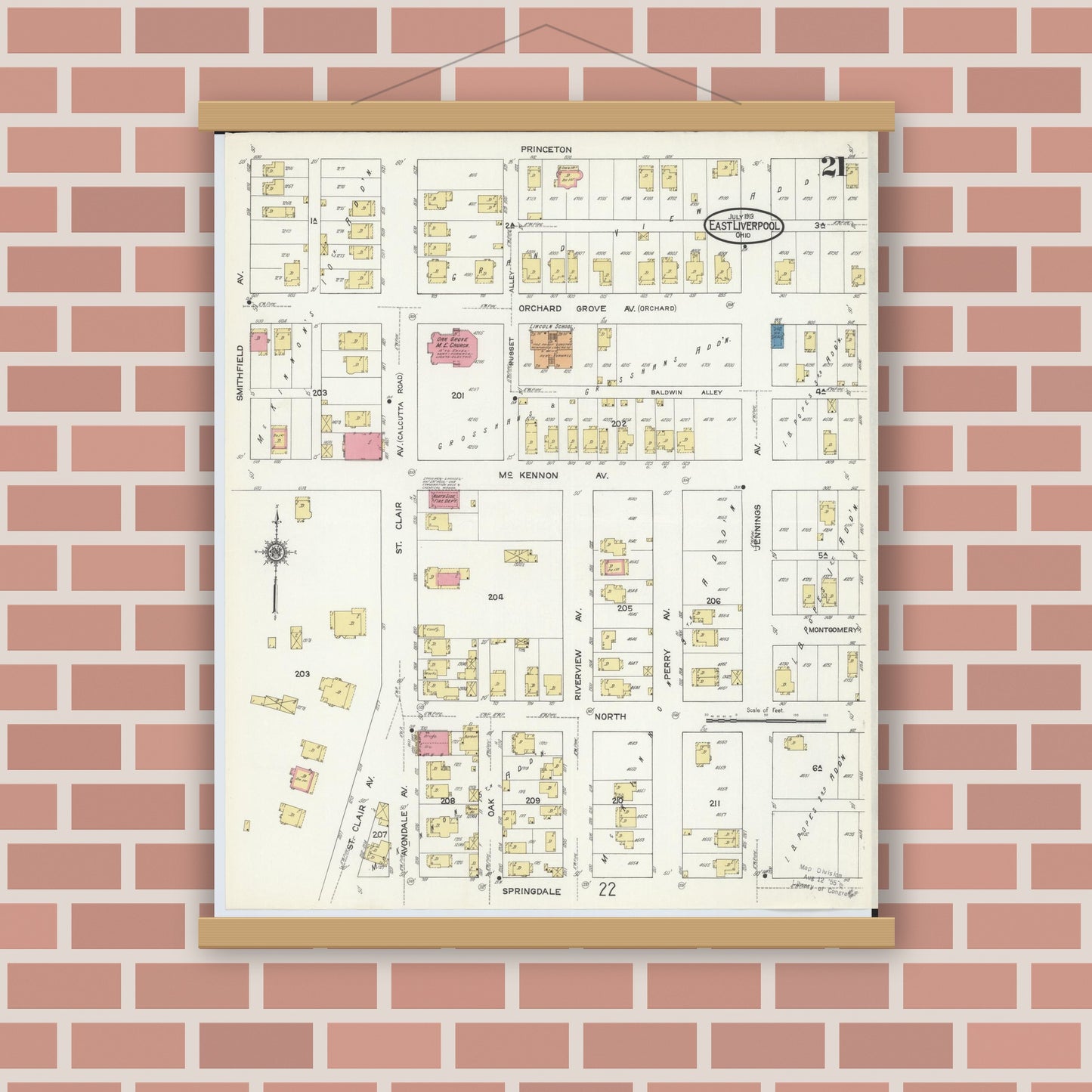 Old map wall art mockup — magnetic wood frame on brick wall — Sanborn Fire Insurance Map from East Liverpool, Columbiana County, Ohio (1913), Sheet #0021