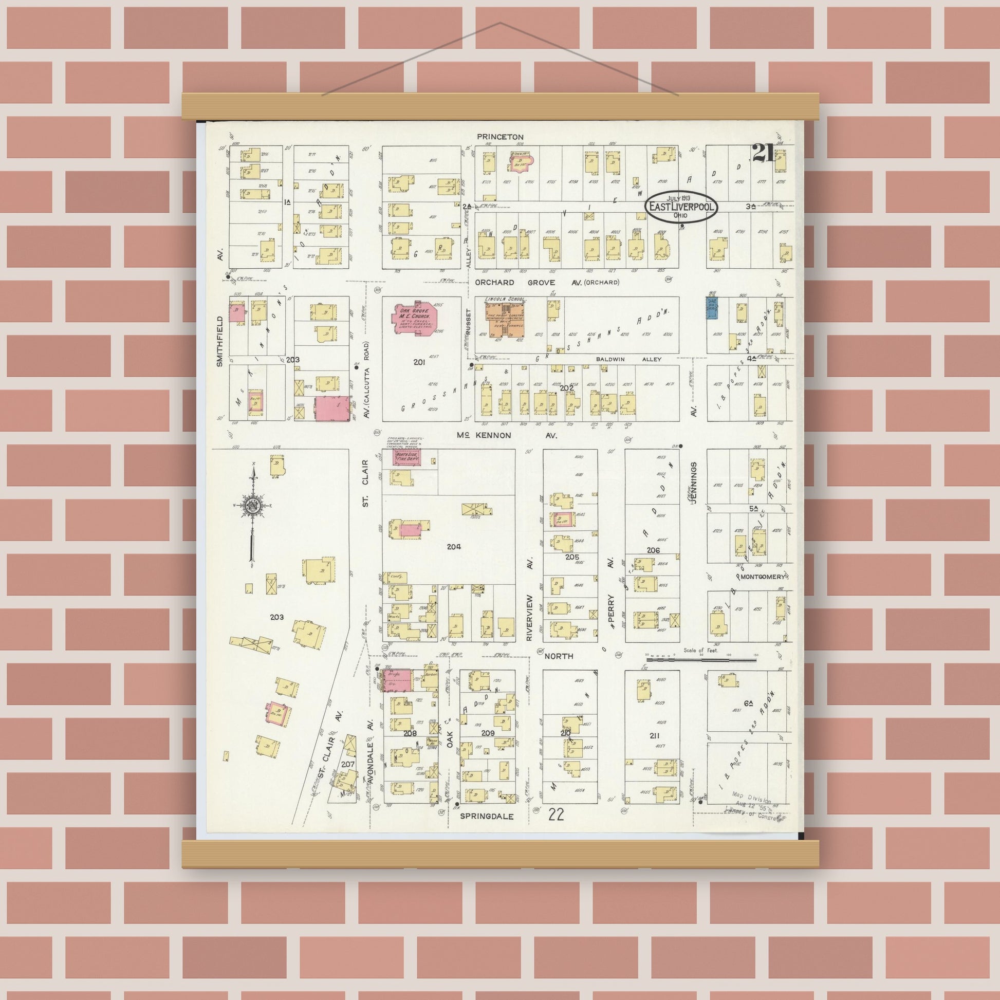 Old map wall art mockup — magnetic wood frame on brick wall — Sanborn Fire Insurance Map from East Liverpool, Columbiana County, Ohio (1913), Sheet #0021
