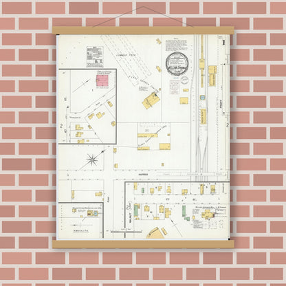 Old map wall art mockup — magnetic wood frame on brick wall — Sanborn Fire Insurance Map from Willow Springs, Howell County, Missouri (1900), Sheet #0001