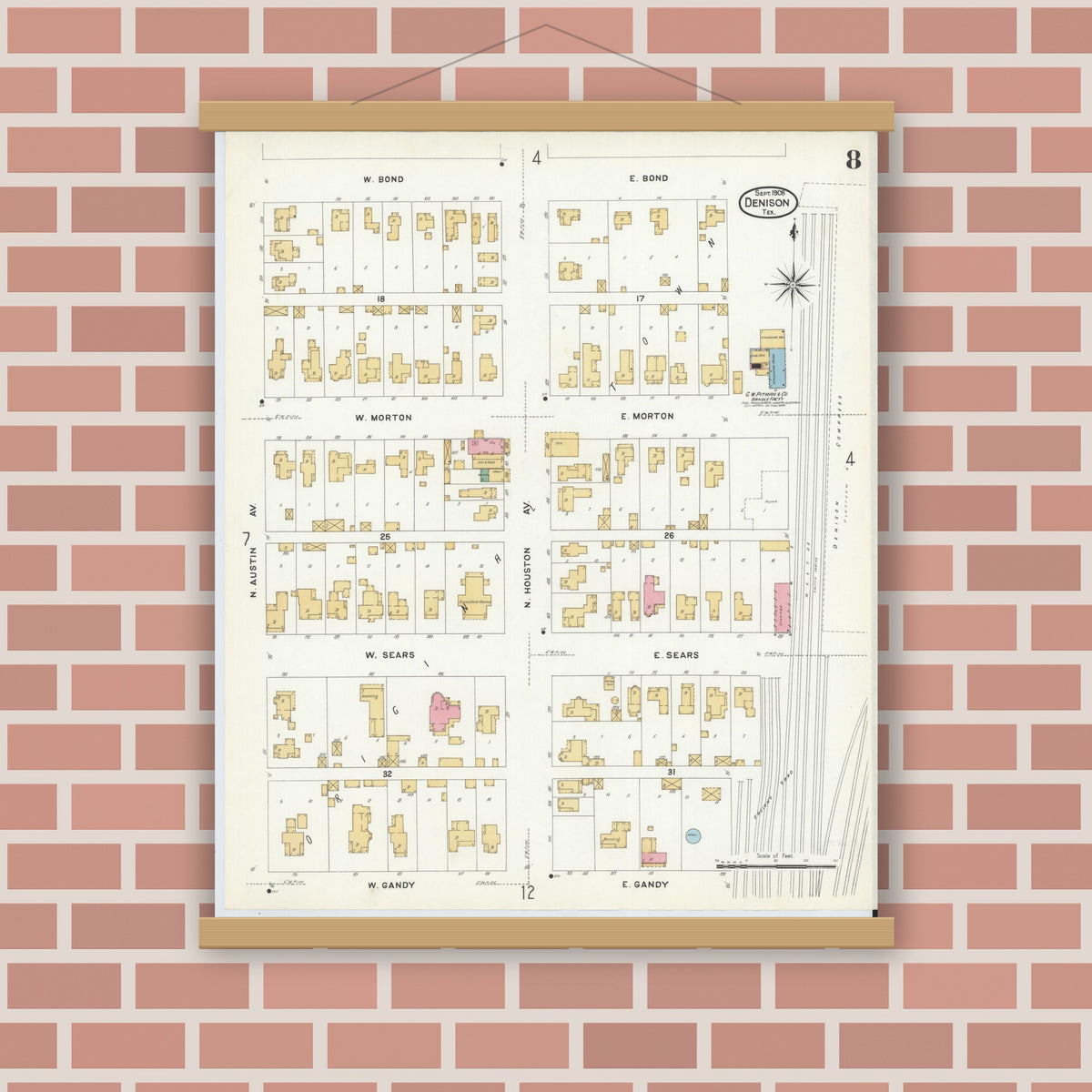 Old map wall art mockup — magnetic wood frame on brick wall — Sanborn Fire Insurance Map from Denison, Grayson County, Texas (1908), Sheet #0008
