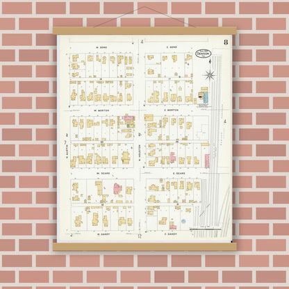 Old map wall art mockup — magnetic wood frame on brick wall — Sanborn Fire Insurance Map from Denison, Grayson County, Texas (1908), Sheet #0008