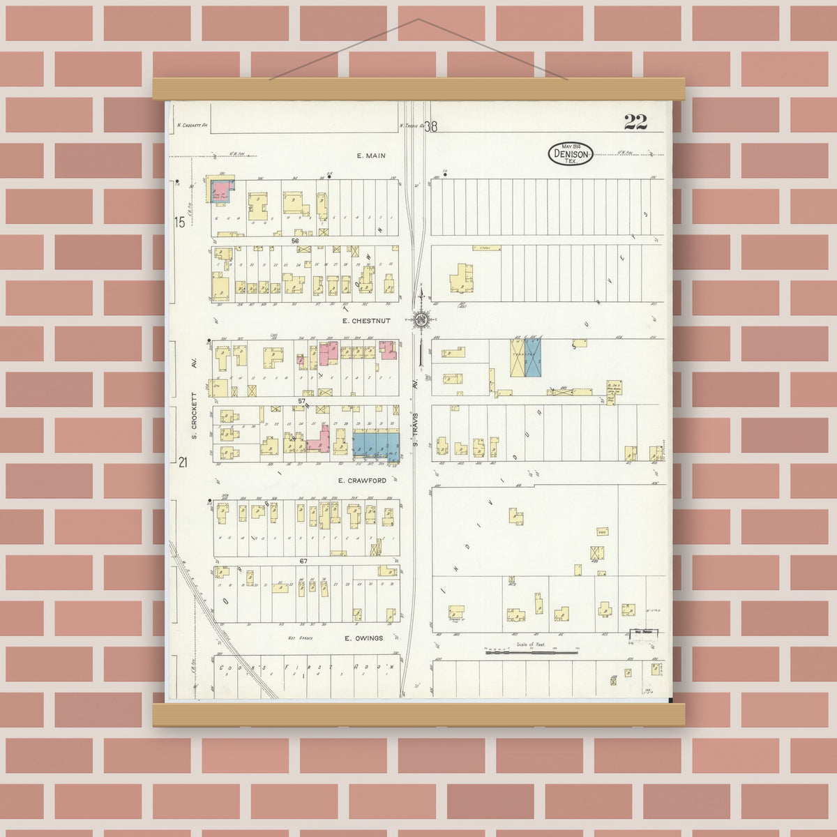 Old map wall art mockup — magnetic wood frame on brick wall — Sanborn Fire Insurance Map from Denison, Grayson County, Texas (1914), Sheet #0022