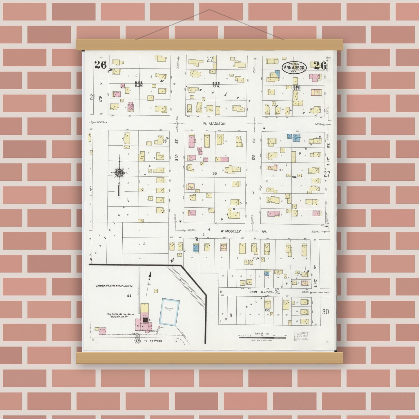 Old map wall art mockup — magnetic wood frame on brick wall — Sanborn Fire Insurance Map from Ann Arbor, Washtenaw County, Michigan (1925), Sheet #0026