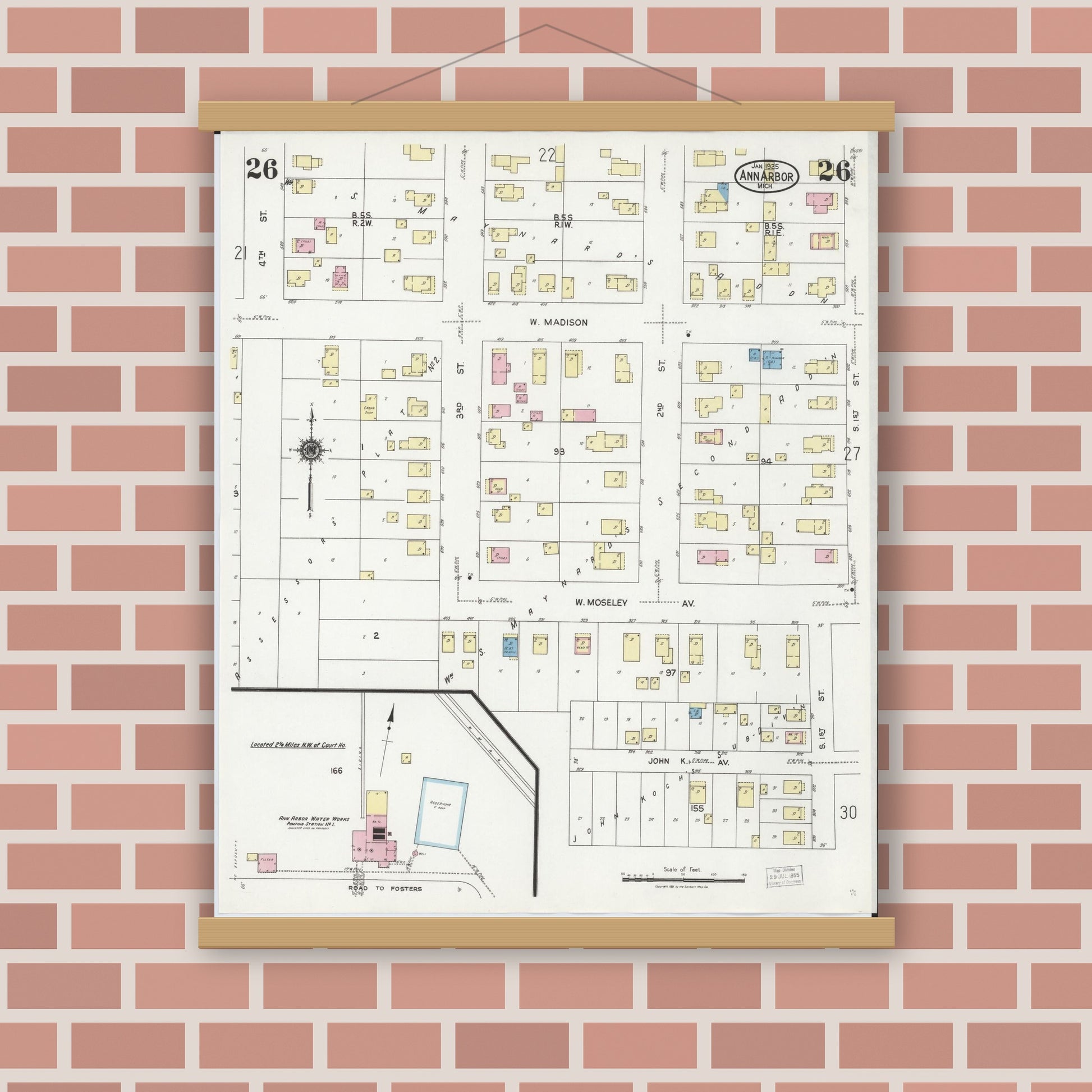 Old map wall art mockup — magnetic wood frame on brick wall — Sanborn Fire Insurance Map from Ann Arbor, Washtenaw County, Michigan (1925), Sheet #0026