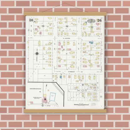 Old map wall art mockup — magnetic wood frame on brick wall — Sanborn Fire Insurance Map from Ann Arbor, Washtenaw County, Michigan (1925), Sheet #0026