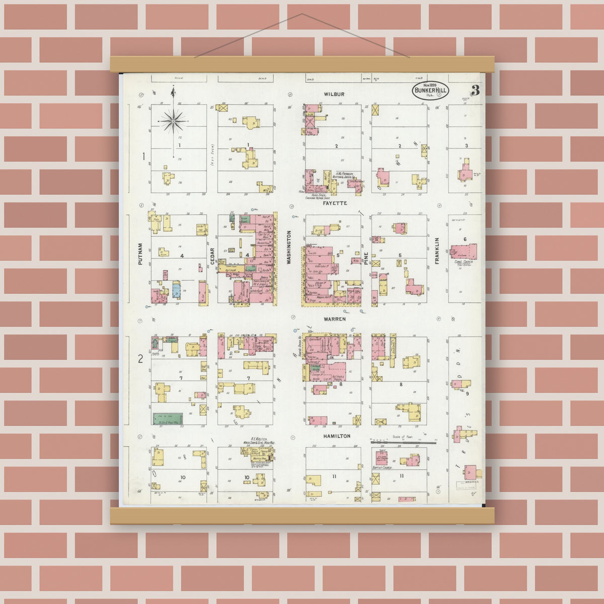 Old map wall art mockup — magnetic wood frame on brick wall — Sanborn Fire Insurance Map from Bunker Hill, Macoupin County, Illinois (1899), Sheet #0003