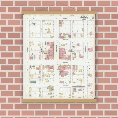 Old map wall art mockup — magnetic wood frame on brick wall — Sanborn Fire Insurance Map from Bunker Hill, Macoupin County, Illinois (1899), Sheet #0003