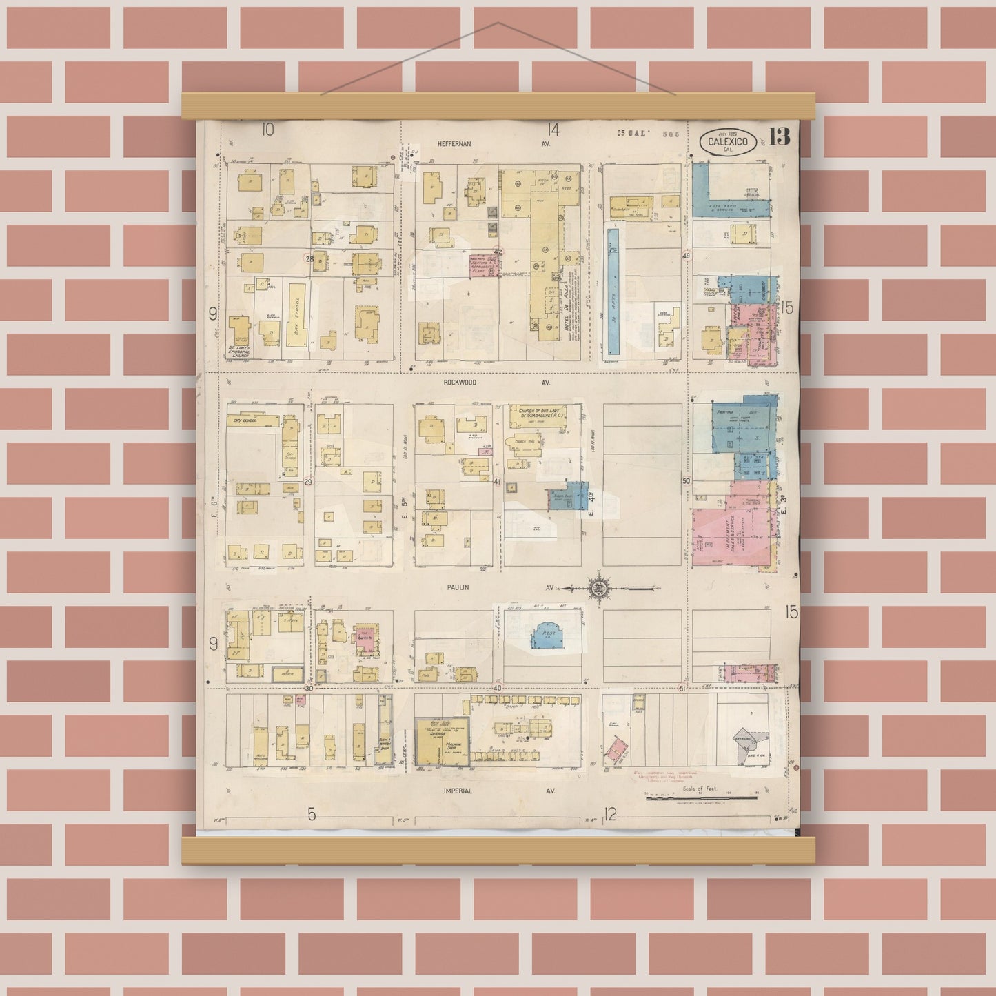 Old map wall art mockup — magnetic wood frame on brick wall — Sanborn Fire Insurance Map from Calexico, Imperial County, California (1949), Sheet #0013