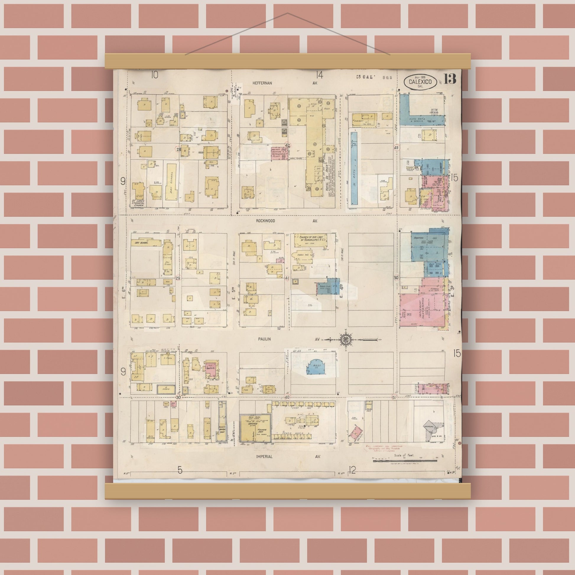 Old map wall art mockup — magnetic wood frame on brick wall — Sanborn Fire Insurance Map from Calexico, Imperial County, California (1949), Sheet #0013