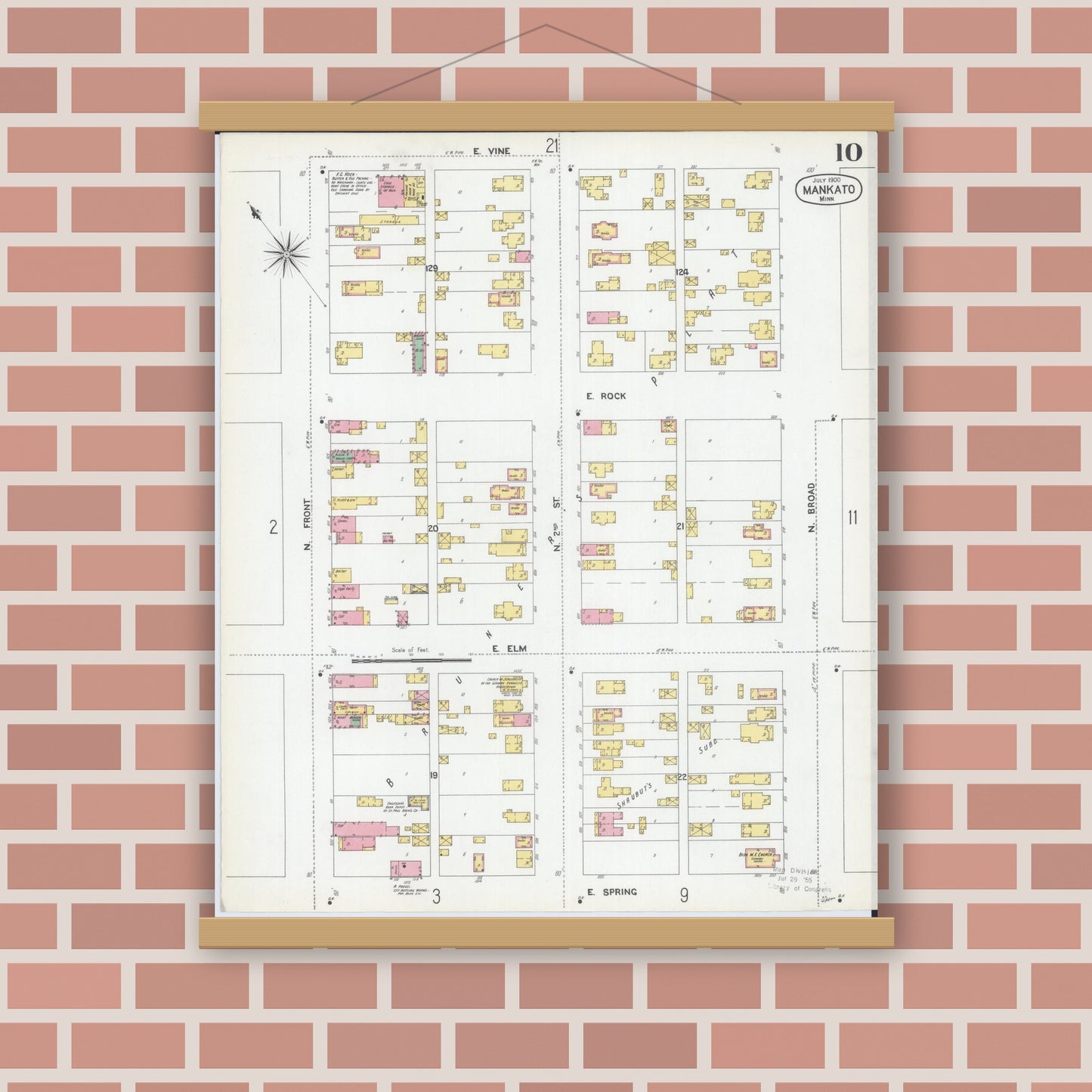 Old map wall art mockup — magnetic wood frame on brick wall — Sanborn Fire Insurance Map from Mankato, Blue Earth County, Minnesota (1900), Sheet #0010