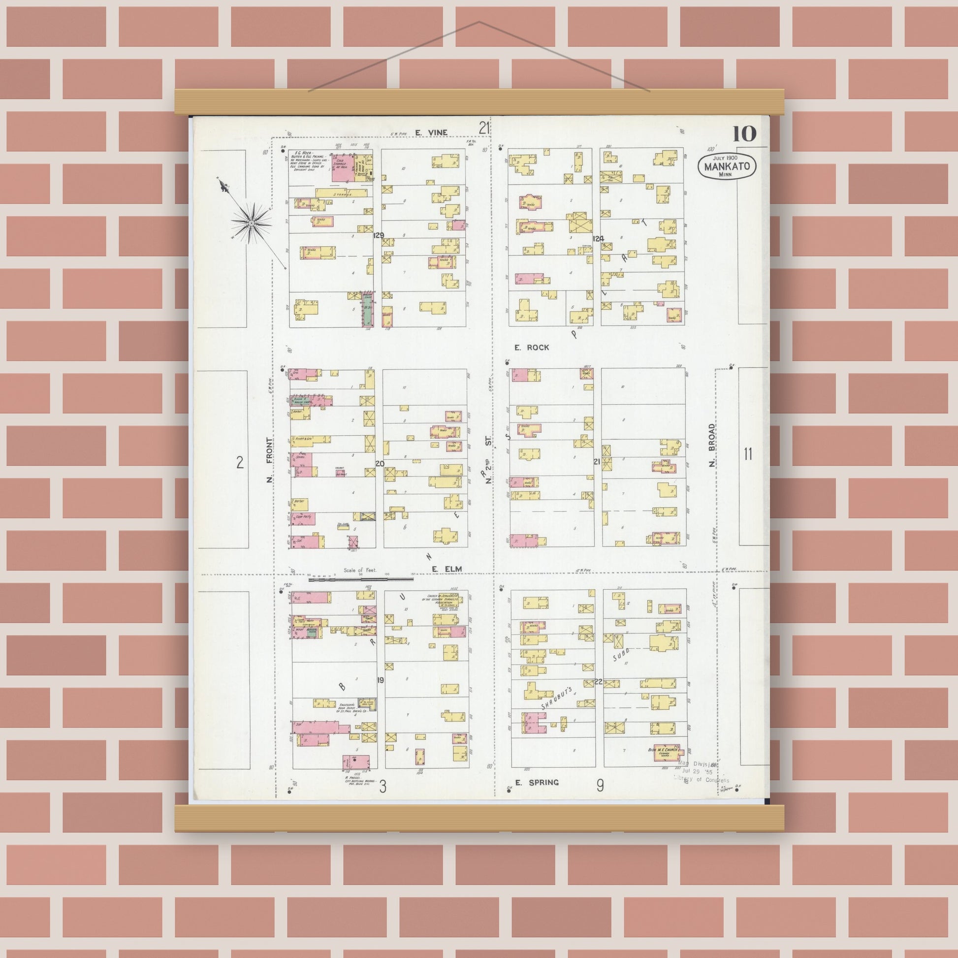 Old map wall art mockup — magnetic wood frame on brick wall — Sanborn Fire Insurance Map from Mankato, Blue Earth County, Minnesota (1900), Sheet #0010