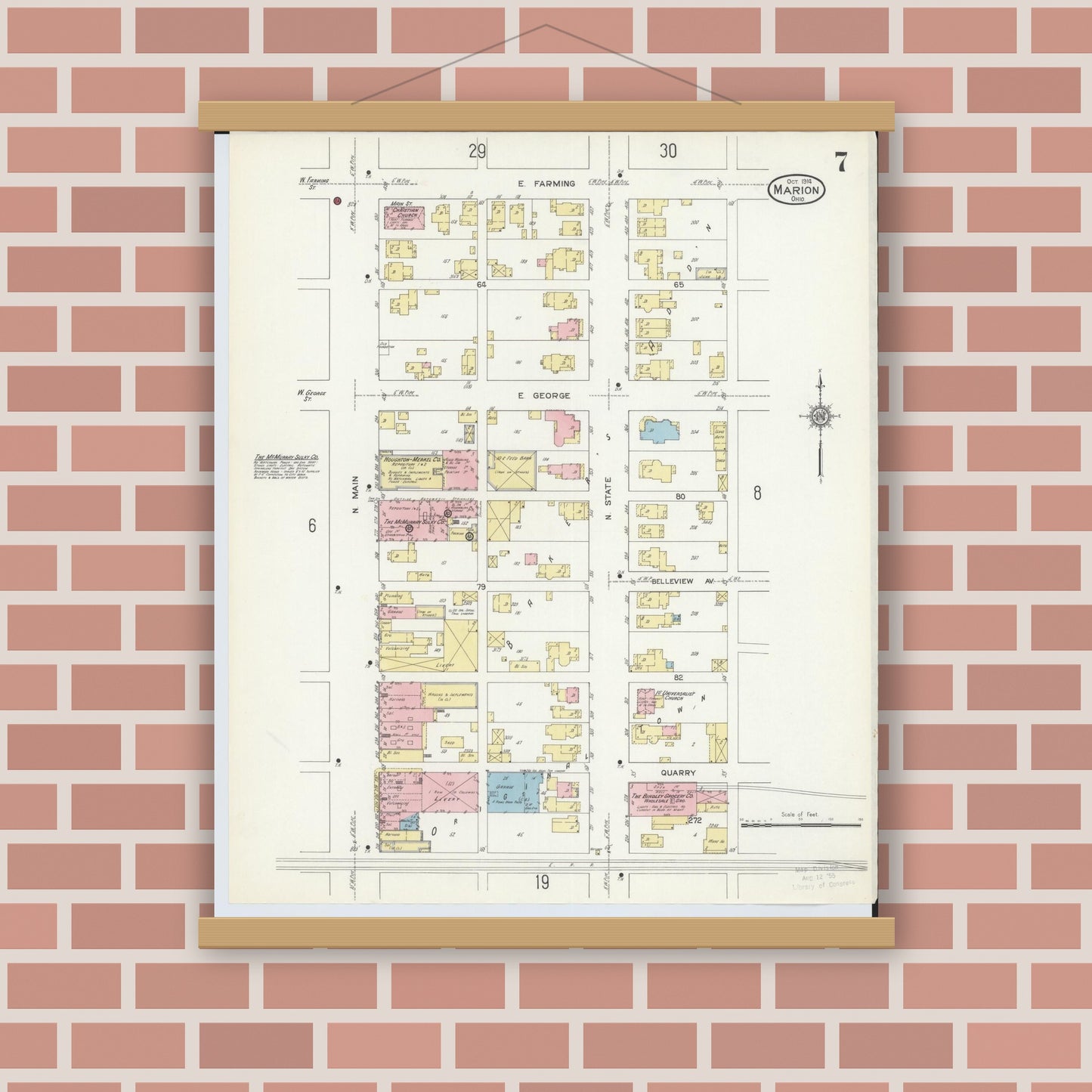 Old map wall art mockup — magnetic wood frame on brick wall — Sanborn Fire Insurance Map from Marion, Marion County, Ohio (1914), Sheet #0007