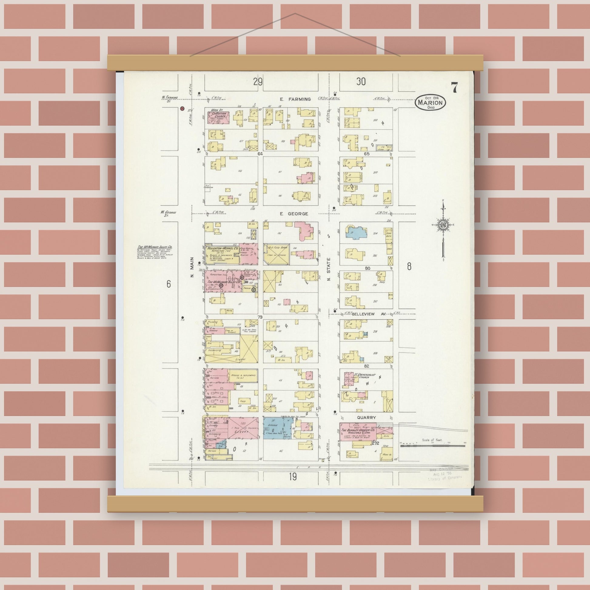 Old map wall art mockup — magnetic wood frame on brick wall — Sanborn Fire Insurance Map from Marion, Marion County, Ohio (1914), Sheet #0007