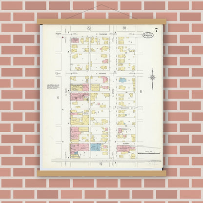 Old map wall art mockup — magnetic wood frame on brick wall — Sanborn Fire Insurance Map from Marion, Marion County, Ohio (1914), Sheet #0007