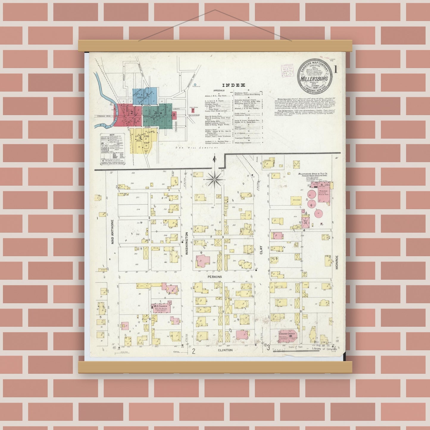 Old map wall art mockup — magnetic wood frame on brick wall — Sanborn Fire Insurance Map from Millersburg, Holmes County, Ohio (1907) - Complete Map Set