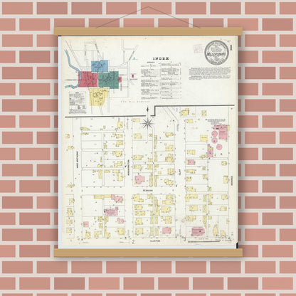 Old map wall art mockup — magnetic wood frame on brick wall — Sanborn Fire Insurance Map from Millersburg, Holmes County, Ohio (1907) - Complete Map Set