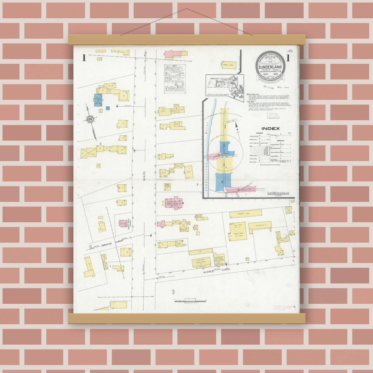 Old map wall art mockup — magnetic wood frame on brick wall — Sanborn Fire Insurance Map from Sunderland, Franklin County, Massachusetts (1915), Sheet #0005