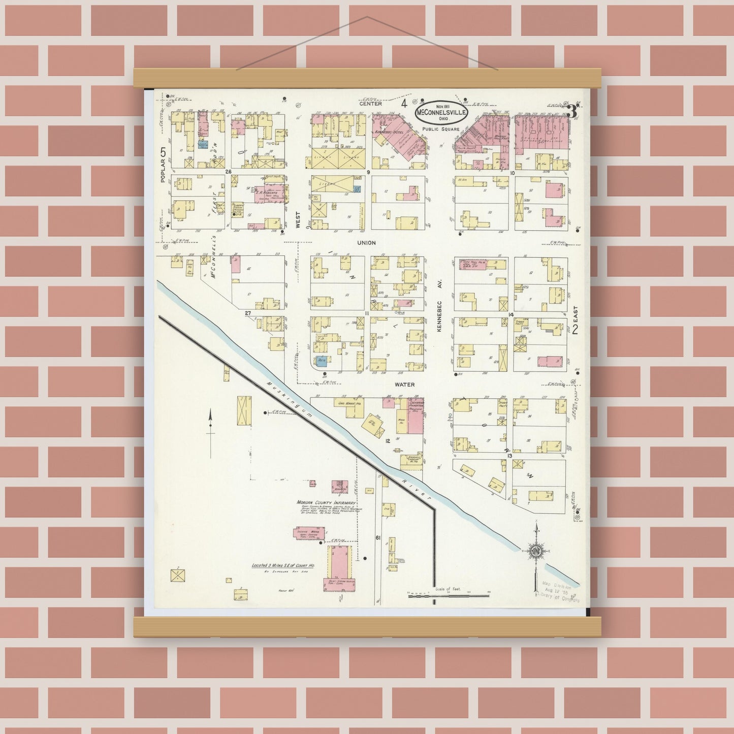 Old map wall art mockup — magnetic wood frame on brick wall — Sanborn Fire Insurance Map from McConnelsville, Morgan County, Ohio (1911), Sheet #0003
