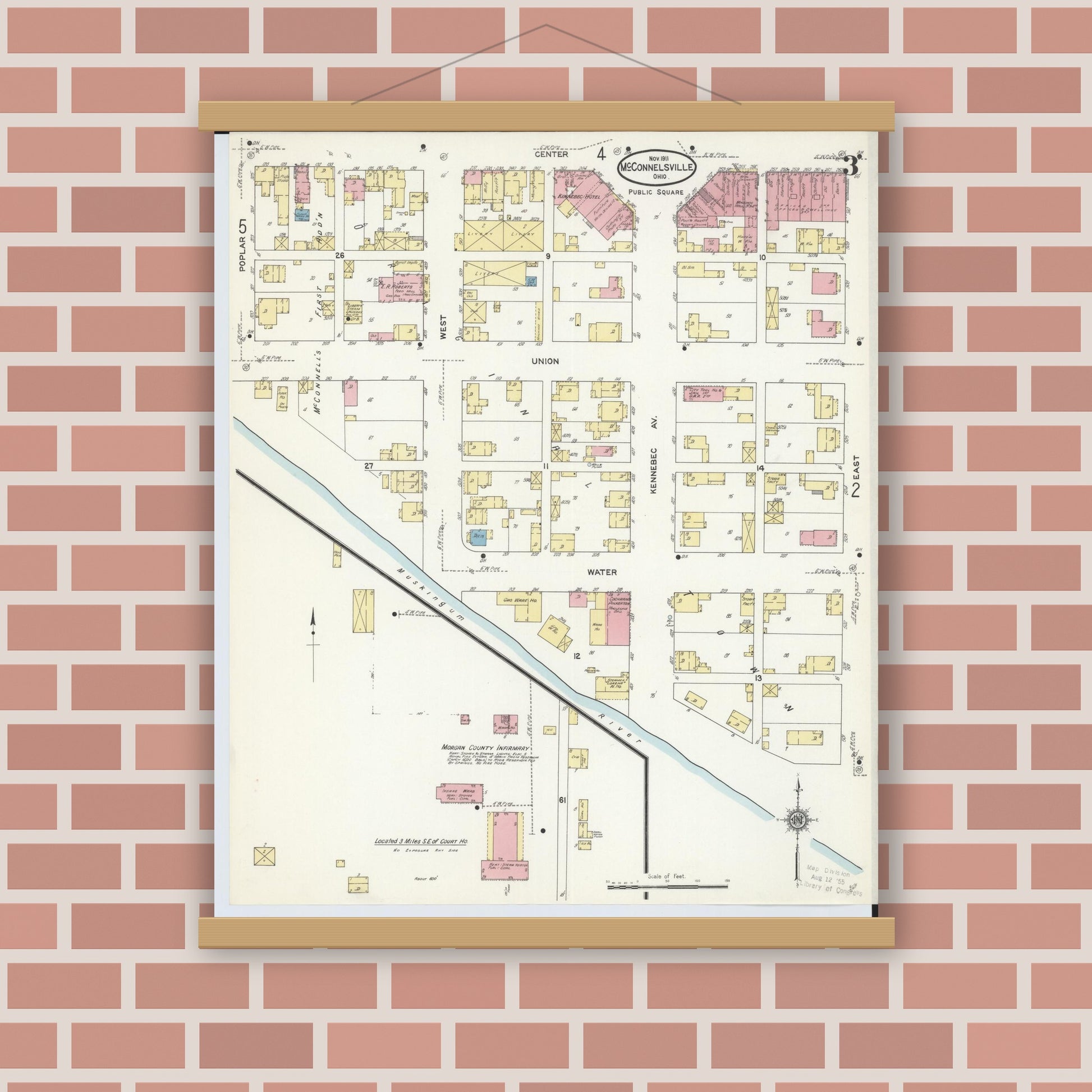 Old map wall art mockup — magnetic wood frame on brick wall — Sanborn Fire Insurance Map from McConnelsville, Morgan County, Ohio (1911), Sheet #0003