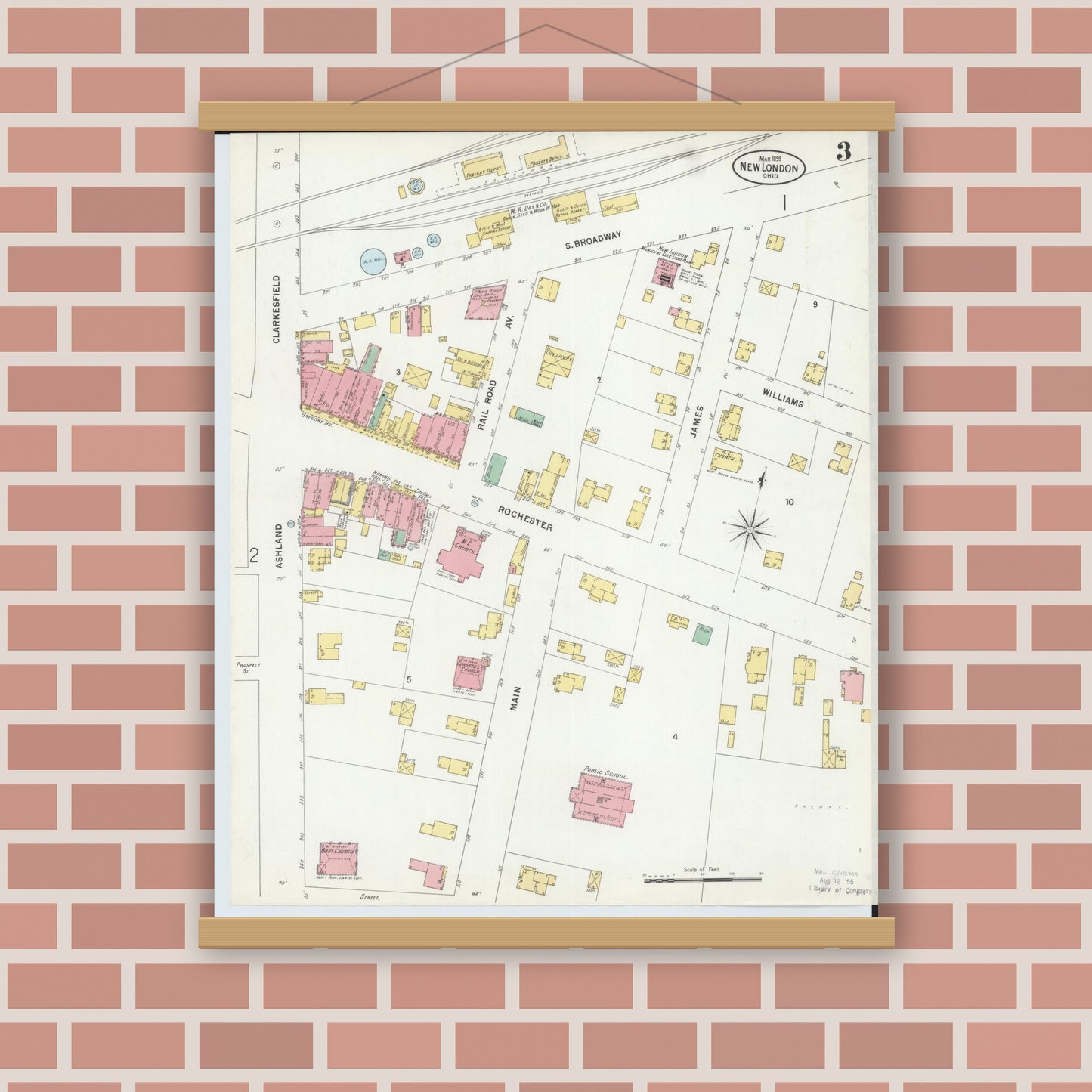 Old map wall art mockup — magnetic wood frame on brick wall — Sanborn Fire Insurance Map from New London, Huron County, Ohio (1899), Sheet #0003