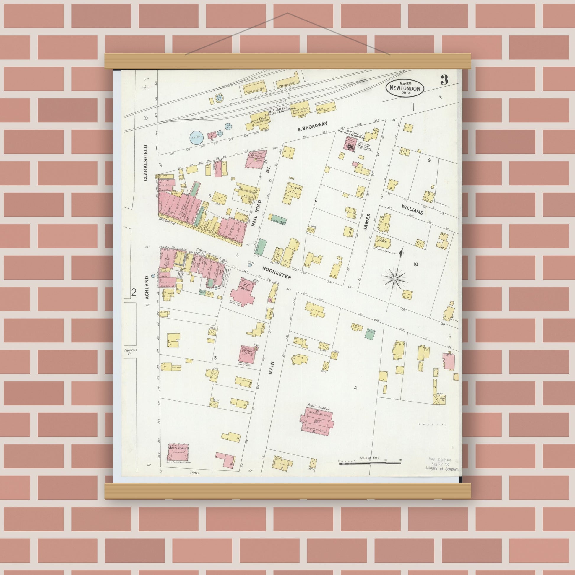 Old map wall art mockup — magnetic wood frame on brick wall — Sanborn Fire Insurance Map from New London, Huron County, Ohio (1899), Sheet #0003