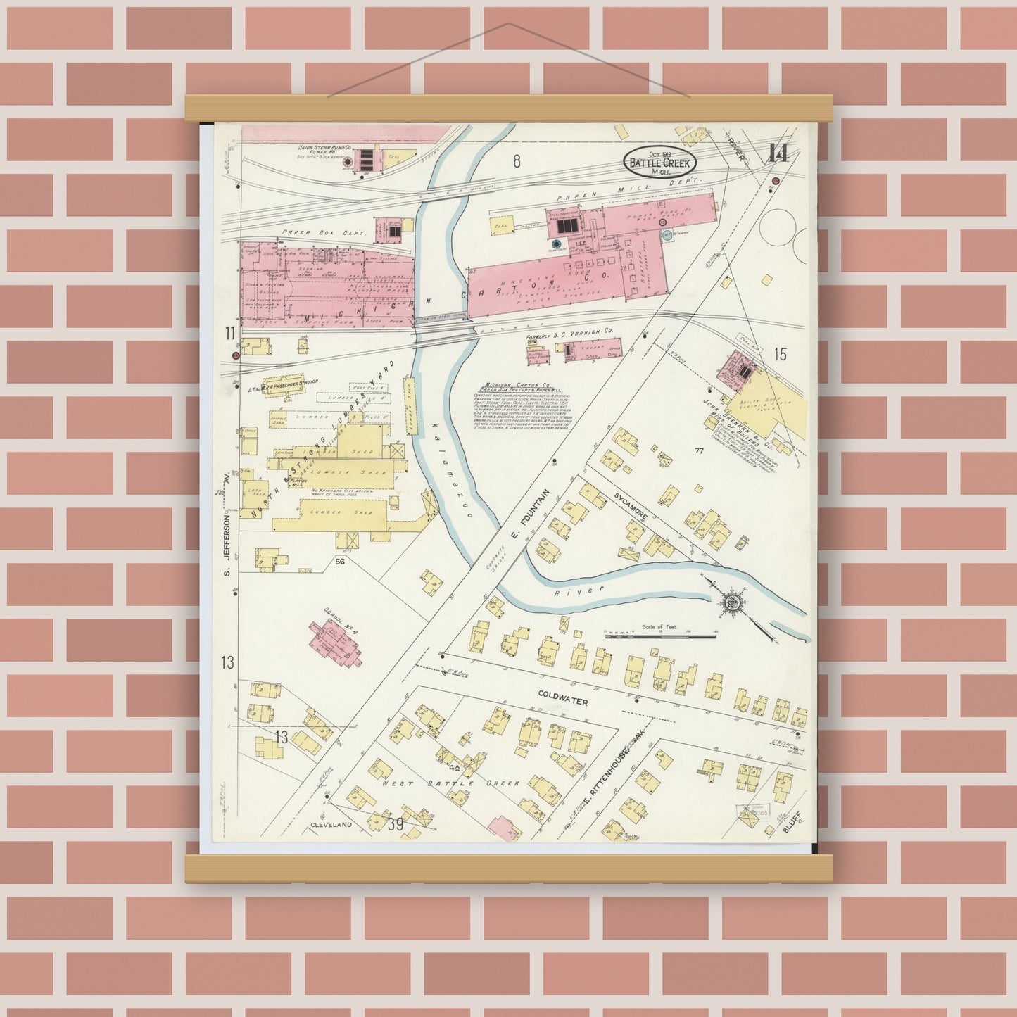 Old map wall art mockup — magnetic wood frame on brick wall — Sanborn Fire Insurance Map from Battle Creek, Calhoun County, Michigan (1913), Sheet #0014