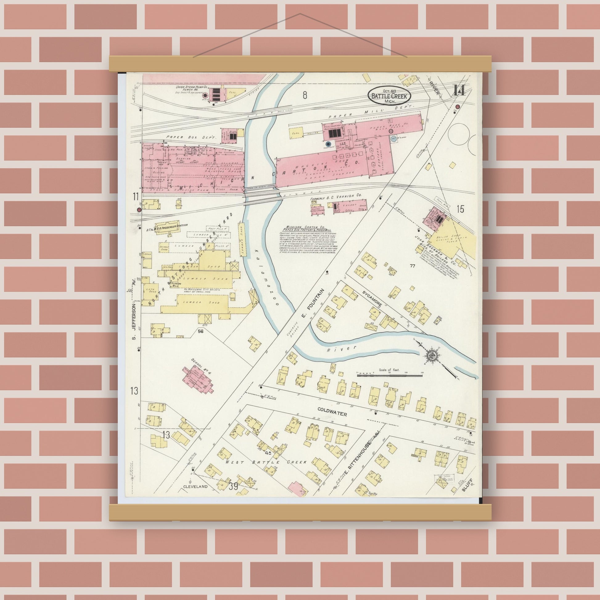 Old map wall art mockup — magnetic wood frame on brick wall — Sanborn Fire Insurance Map from Battle Creek, Calhoun County, Michigan (1913), Sheet #0014