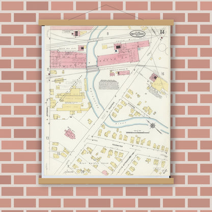 Old map wall art mockup — magnetic wood frame on brick wall — Sanborn Fire Insurance Map from Battle Creek, Calhoun County, Michigan (1913), Sheet #0014