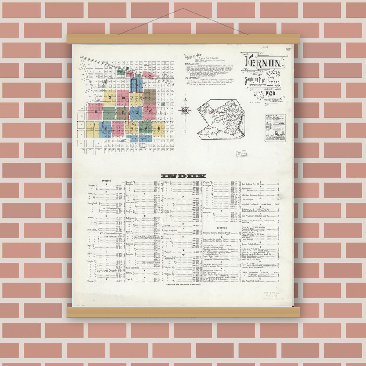 Old map wall art mockup — magnetic wood frame on brick wall — Sanborn Fire Insurance Map from Vernon, Wilbarger County, Texas (1920) - Complete Map Set