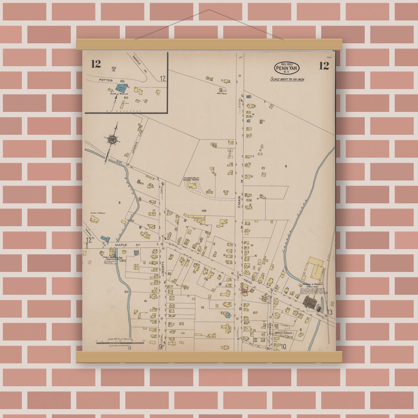 Old map wall art mockup — magnetic wood frame on brick wall — Sanborn Fire Insurance Map from Penn Yan, Yates County, New York (1922), Sheet #0012