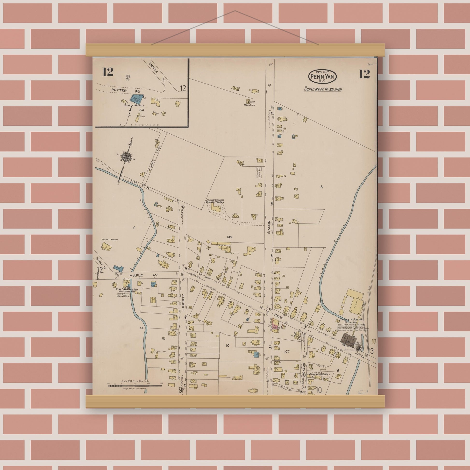 Old map wall art mockup — magnetic wood frame on brick wall — Sanborn Fire Insurance Map from Penn Yan, Yates County, New York (1922), Sheet #0012