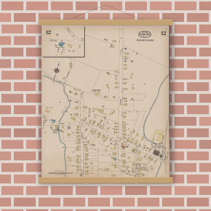 Old map wall art mockup — magnetic wood frame on brick wall — Sanborn Fire Insurance Map from Penn Yan, Yates County, New York (1922), Sheet #0012