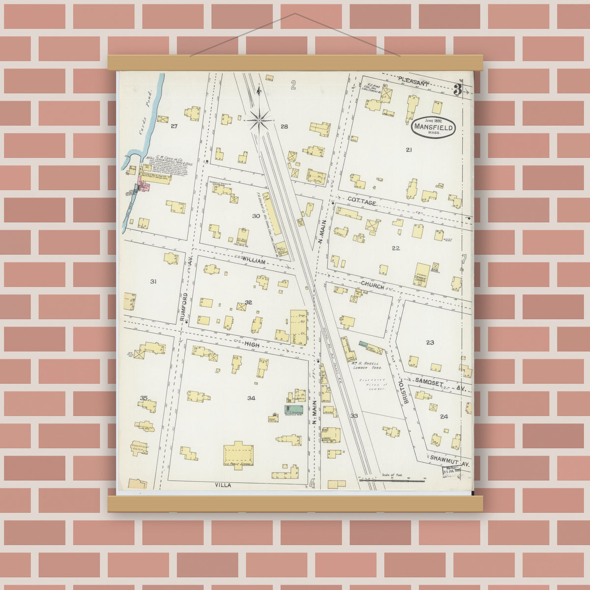 Old map wall art mockup — magnetic wood frame on brick wall — Sanborn Fire Insurance Map from Mansfield, Bristol County, Massachusetts (1892), Sheet #0003