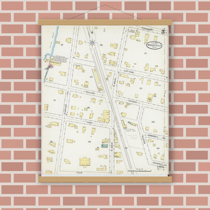 Old map wall art mockup — magnetic wood frame on brick wall — Sanborn Fire Insurance Map from Mansfield, Bristol County, Massachusetts (1892), Sheet #0003