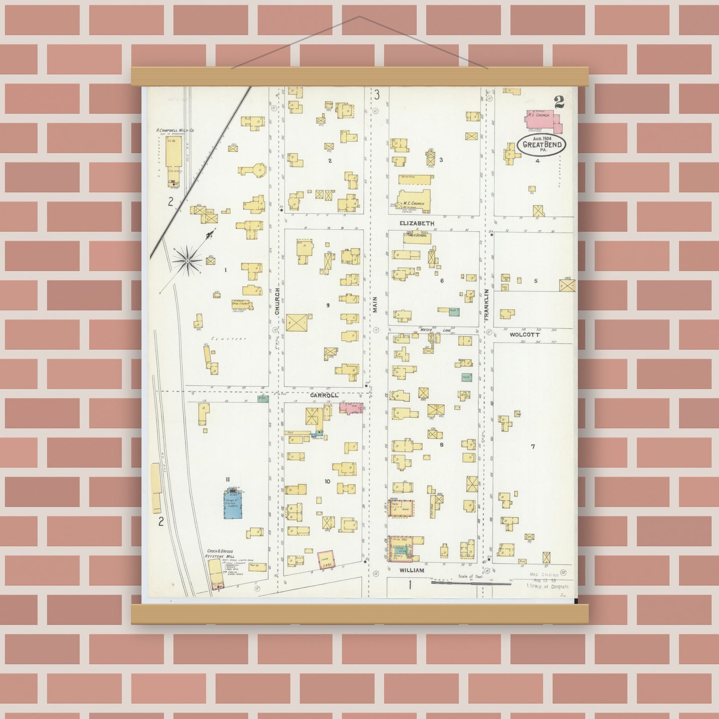 Old map wall art mockup — magnetic wood frame on brick wall — Sanborn Fire Insurance Map from Great Bend, Susquehanna County, Pennsylvania (1904), Sheet #0002