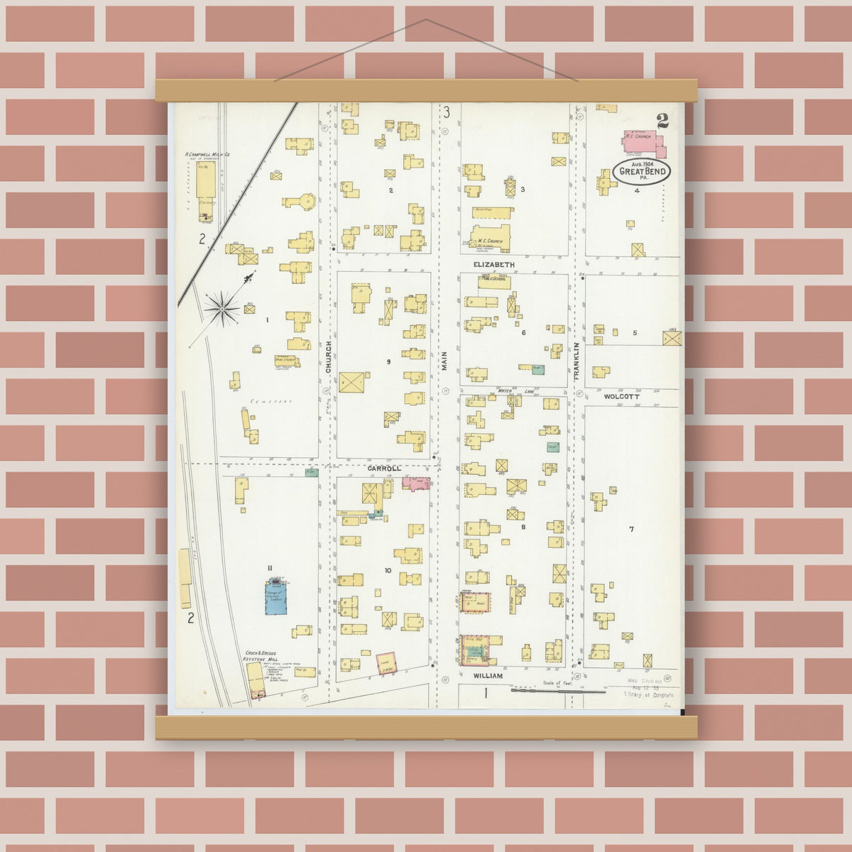 Old map wall art mockup — magnetic wood frame on brick wall — Sanborn Fire Insurance Map from Great Bend, Susquehanna County, Pennsylvania (1904), Sheet #0002