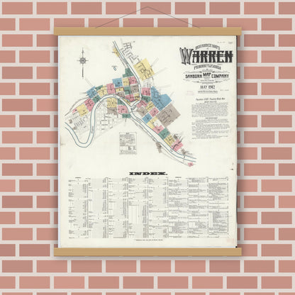 Old map wall art mockup — magnetic wood frame on brick wall — Sanborn Fire Insurance Map from Warren, Warren County, Pennsylvania (1912), Sheet #0001