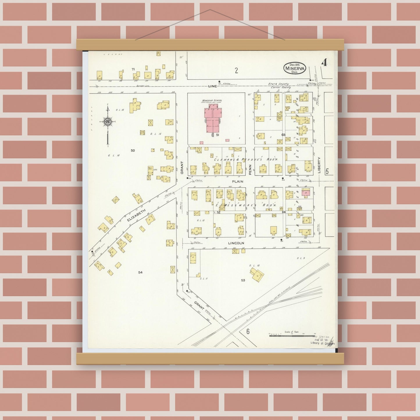 Old map wall art mockup — magnetic wood frame on brick wall — Sanborn Fire Insurance Map from Minerva, Stark And Carroll Counties, Ohio (1915), Sheet #0004