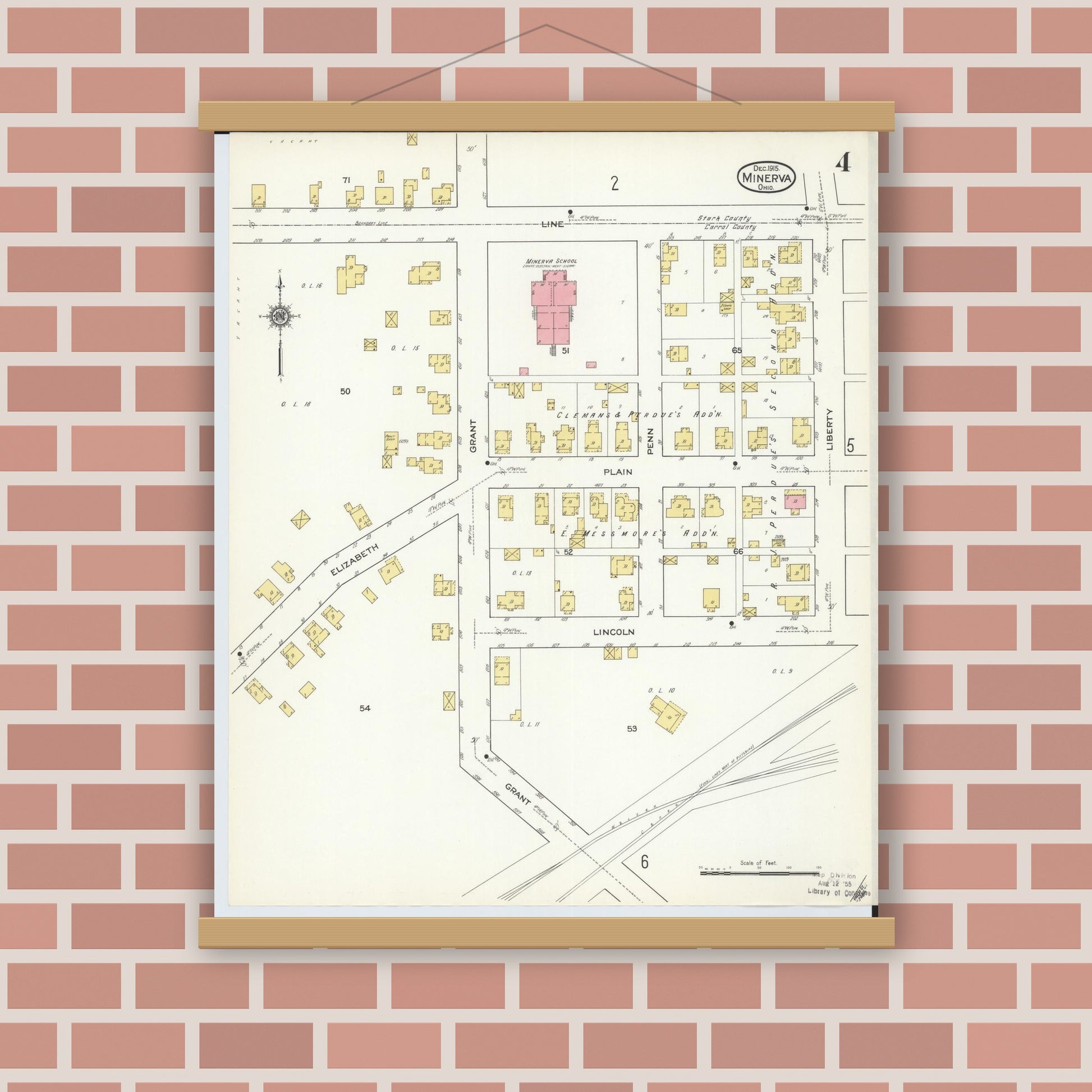 Old map wall art mockup — magnetic wood frame on brick wall — Sanborn Fire Insurance Map from Minerva, Stark And Carroll Counties, Ohio (1915), Sheet #0004